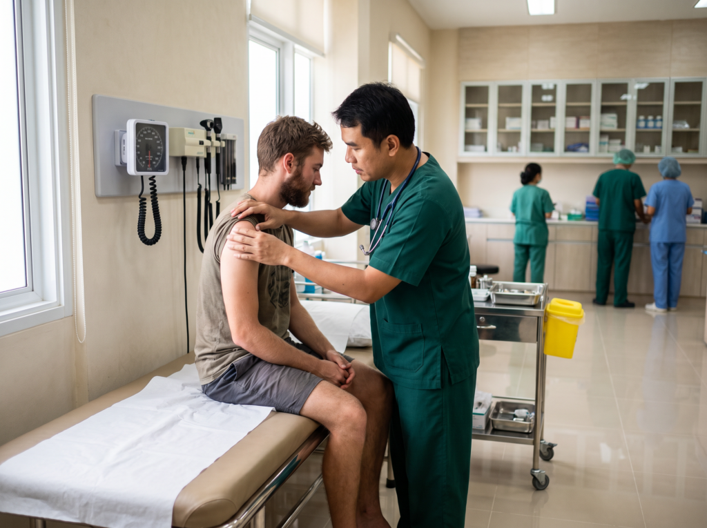 Doctor examining a patient at Doctor Phi Phi Takecare Clinic in Koh Phi Phi, Krabi