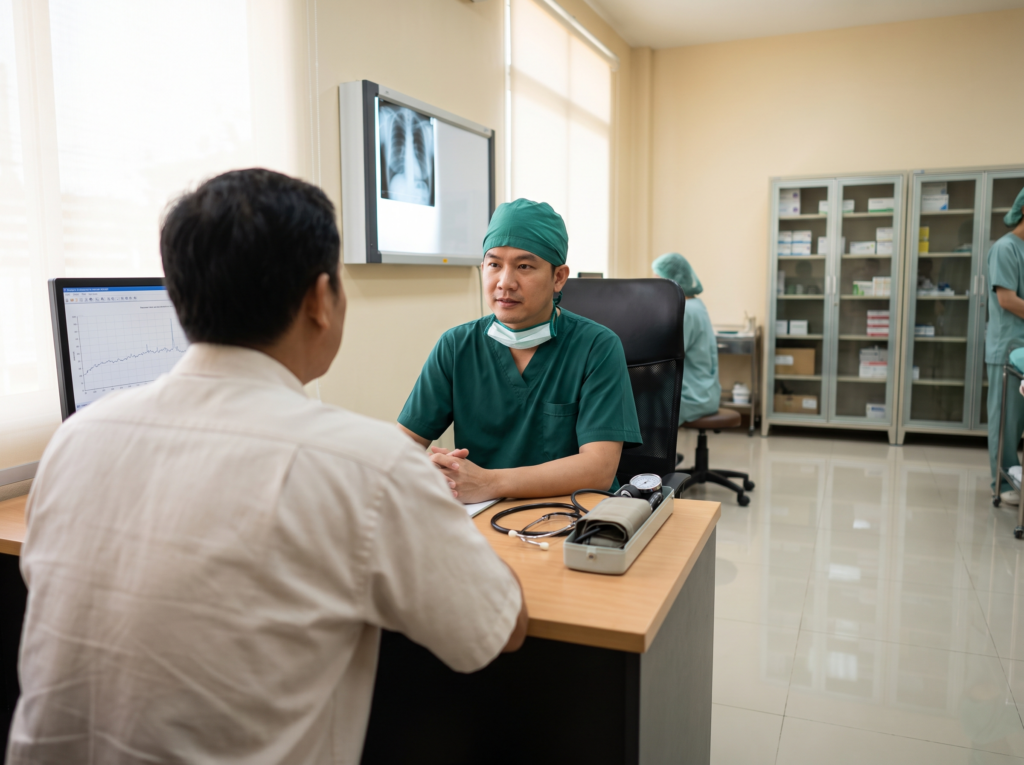 Doctor consulting with a traveller at a clinic on Koh Phi Phi