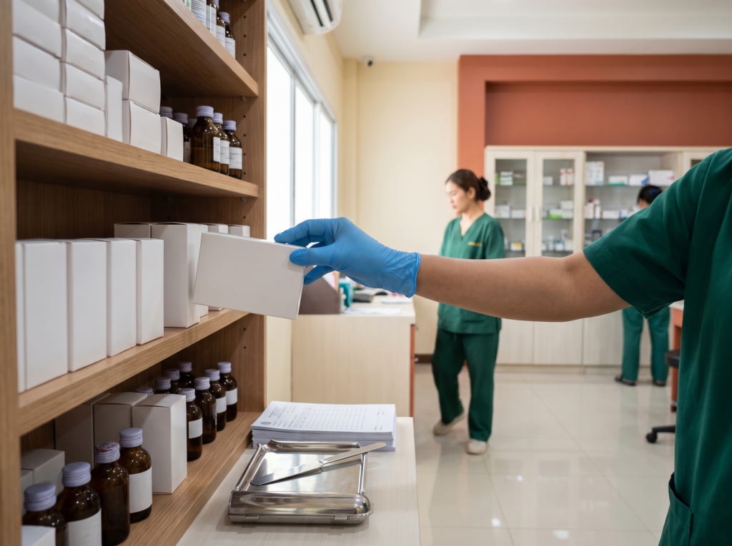Dispensary shelves at a clinic on Koh Phi Phi