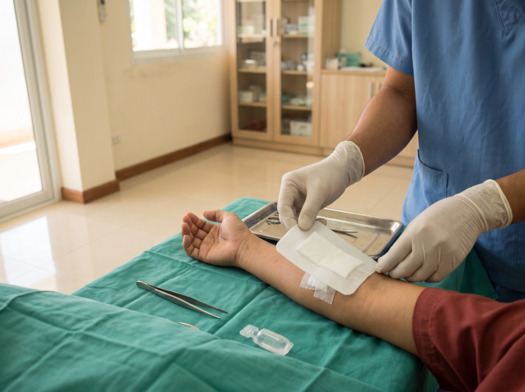 Burn dressing being applied at a clinic on Koh Phi Phi