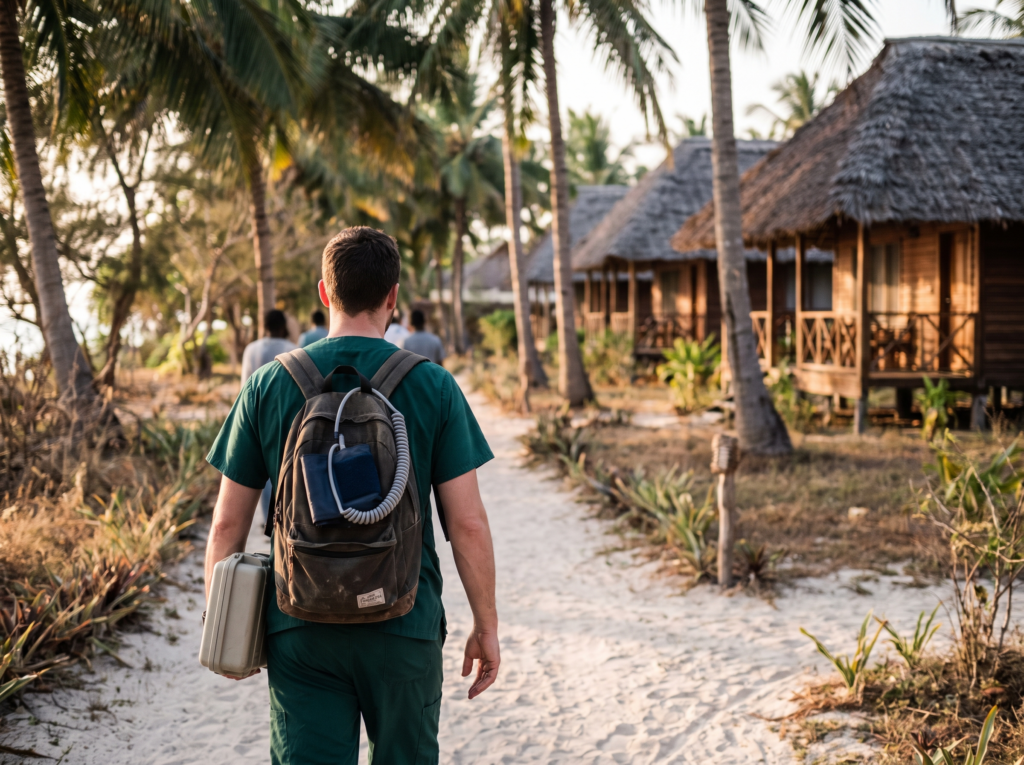 Doctor arriving at a resort bungalow on Koh Phi Phi for a hotel visit
