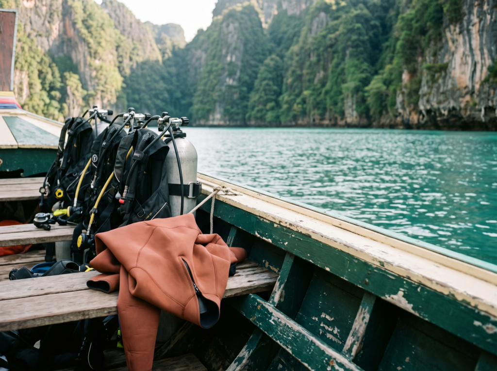 Dive boat and equipment off Koh Phi Phi, where dive medicals are issued