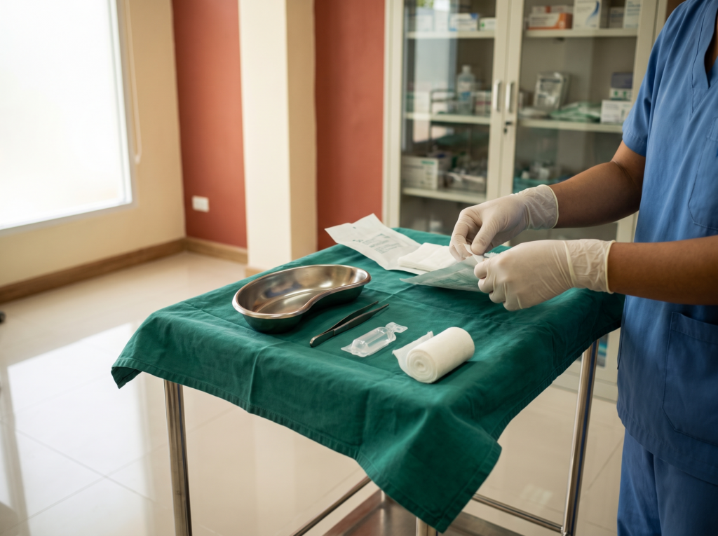 Dressing trolley laid out for a wound dressing at a clinic on Koh Phi Phi